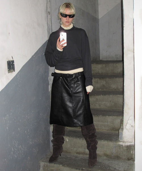 Wool Turtle Neck Long Sleeve Top, CHARCOAL