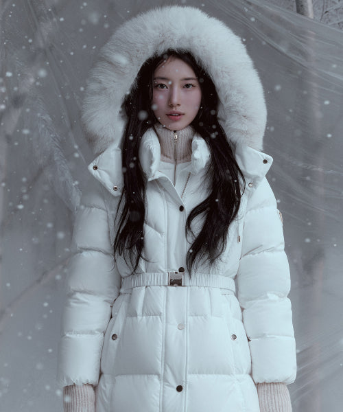 [SUZY] Fox Fur Belted Glam Long Goose YP4W5868