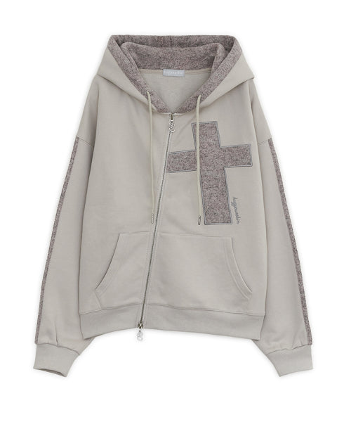 Cross patch hoodie zip-up (Oatmeal)