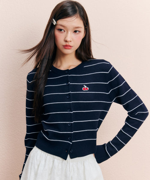Small Cherry Stripe Crop Cardigan [Navy]