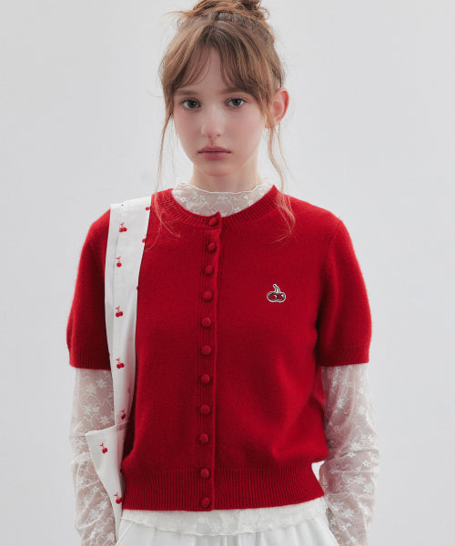 Small Cherry Short Sleeve Knit Cardigan [Red]