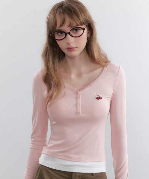 Small Cherry Layered V-Neck Long Sleeves [Pink]