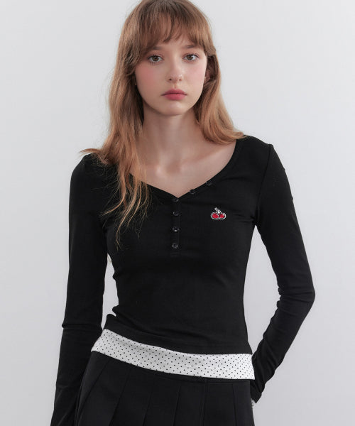 Small Cherry Layered V-Neck Long Sleeves [Black]