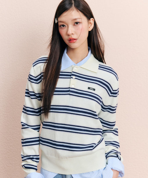 Stripe collar knit top [Ivory]