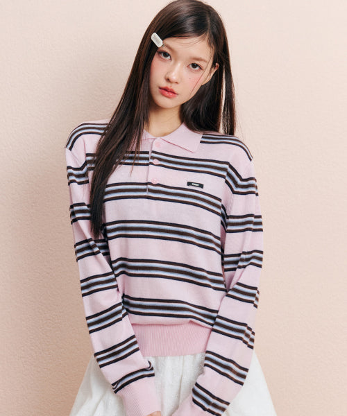 Stripe collar knit top [Pink]