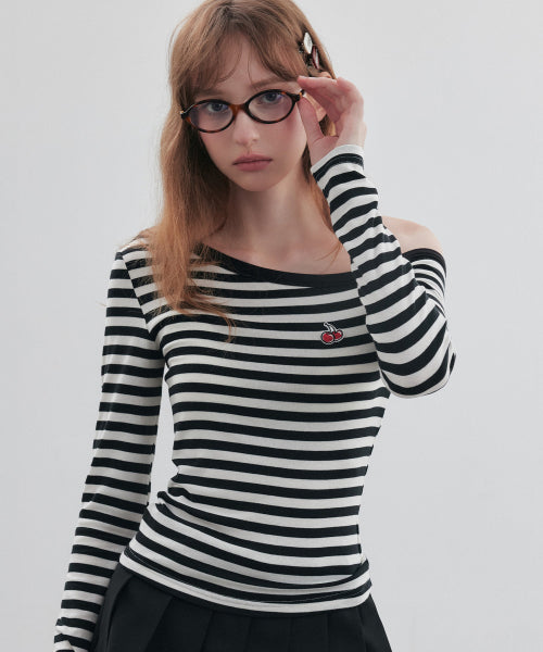Small Cherry One Shoulder Stripe Long Sleeve [Black]