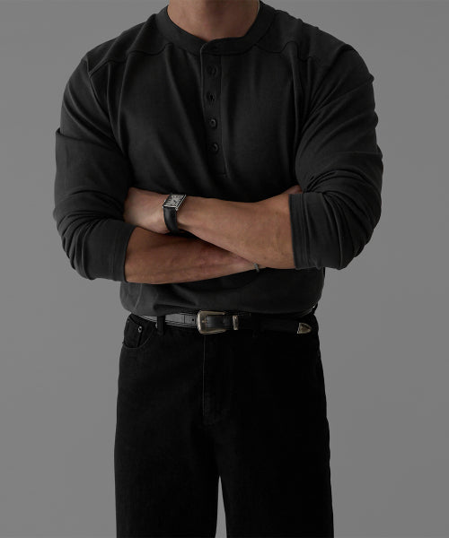 PANEL HENLEY NECK LONG SLEEVE T-SHIRT [CHARCOAL]
