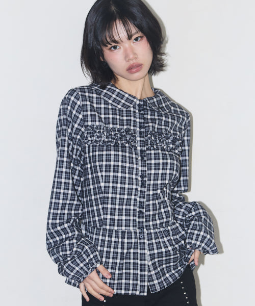 RUFFLE ROUND SHIRT CHECK CREAM