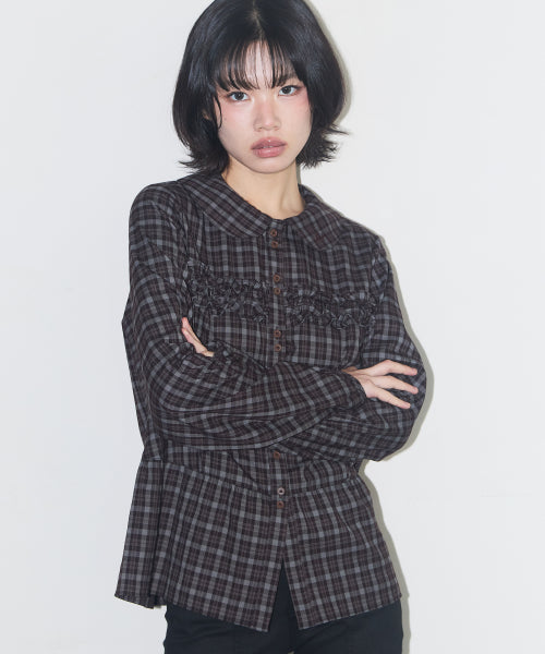 RUFFLE ROUND SHIRT CHECK BURGUNDY