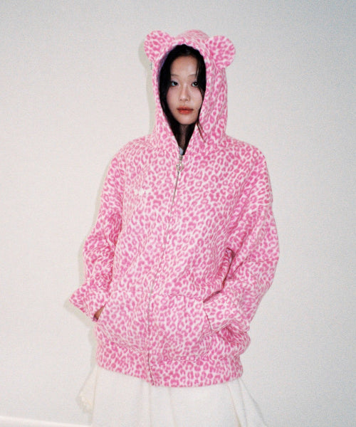 Teddy Leopard Zip-Up Hoodie – PINK