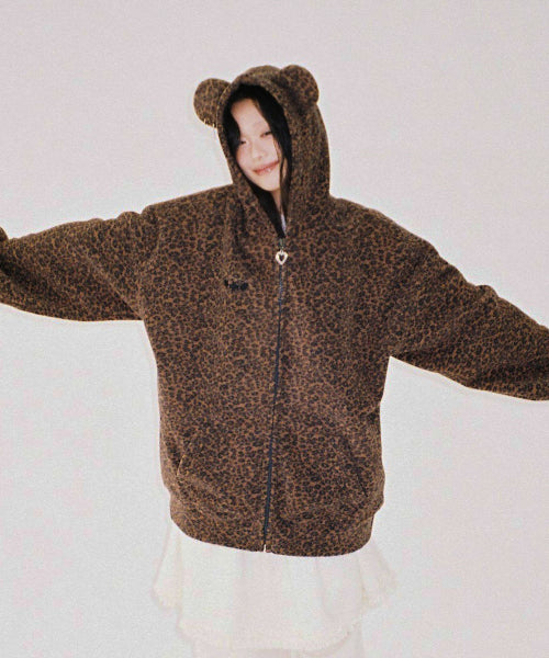 Teddy Leopard Zip-Up Hoodie – BROWN