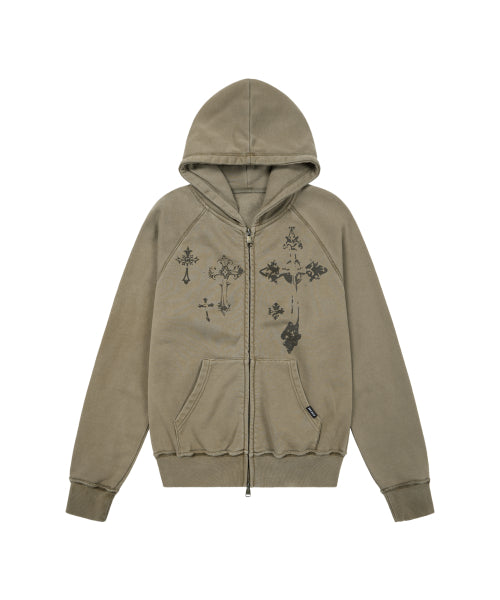 Pigment Dyed Cross Zip-Up Hoodie (Brown)