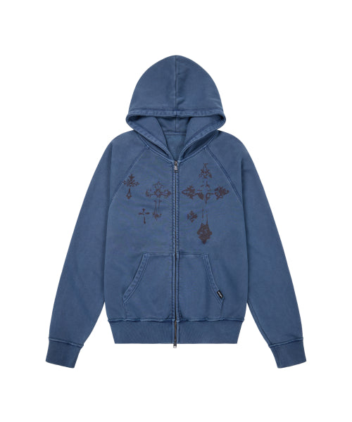 Pigment Dyed Cross Zip-Up Hoodie (Blue)