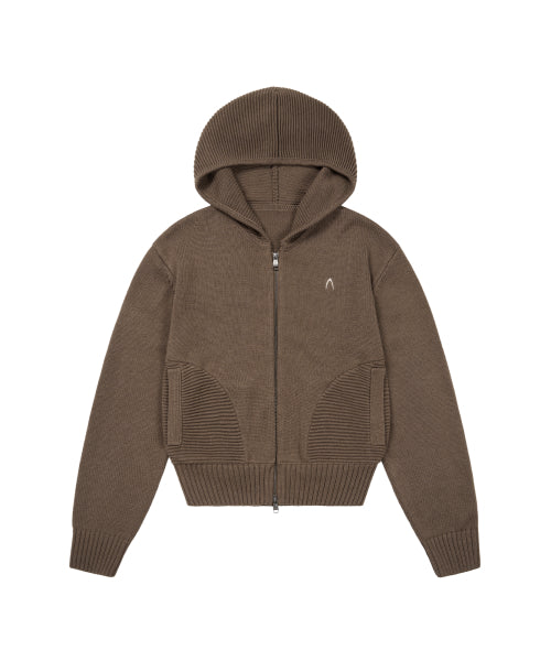 Structure Contrast Knitted Zip-Up Hoodie (Brown)