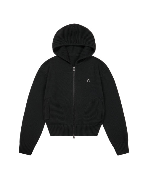 Structure Contrast Knitted Zip-Up Hoodie (Black)