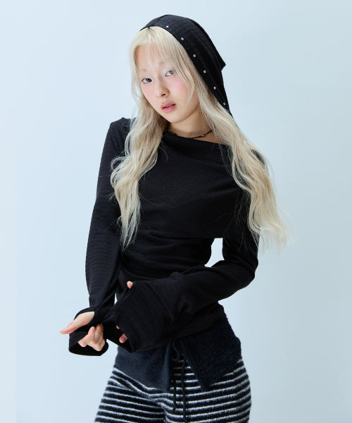 L21 SHIMMER OFF-SHOULDER HOODIE(BLACK)