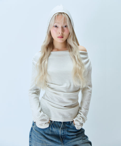 L21 SHIMMER OFF-SHOULDER HOODIE(CREAM)