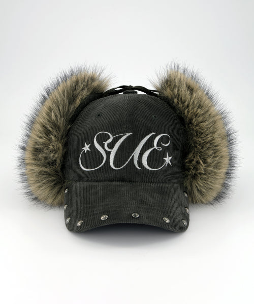 CORDUROY FUR EARFLAP CAP / CHARCOAL