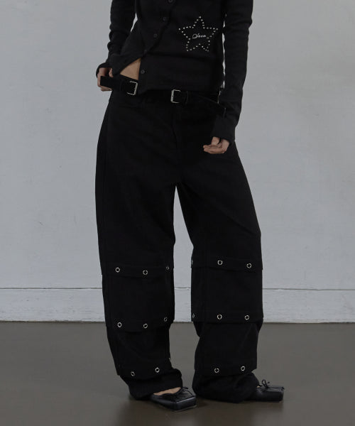 PIN TUCK EYELET PANTS / BLACK