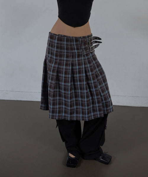 CHECK BUCKLE WRAP SKIRT / BABY BLUE