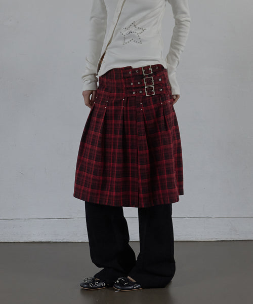 CHECK BUCKLE WRAP SKIRT / RED