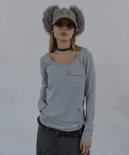 SOFT STRIPE HOODIE TOP / BABY BLUE