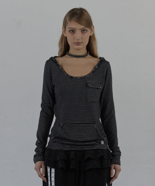 SOFT STRIPE HOODIE TOP / BLACK