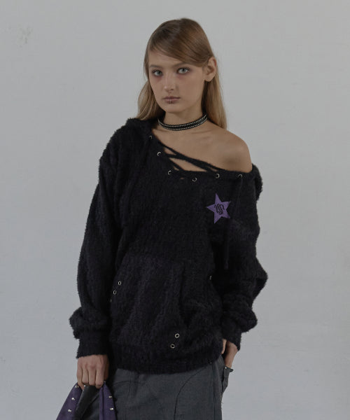 HAIRY V-NECK HOODIE / BLACK