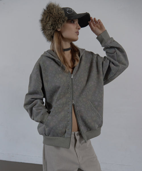 FLOWER STUDDED HOODIE ZIP-UP / KHAKI