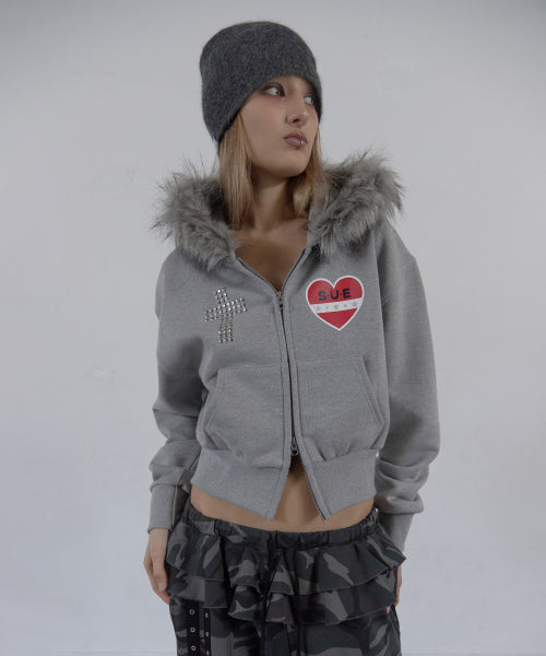 FUR TRIMMING HOODED ZIP-UP / MELANGE GRAY