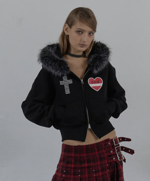 FUR TRIMMING HOODED ZIP-UP / BLACK