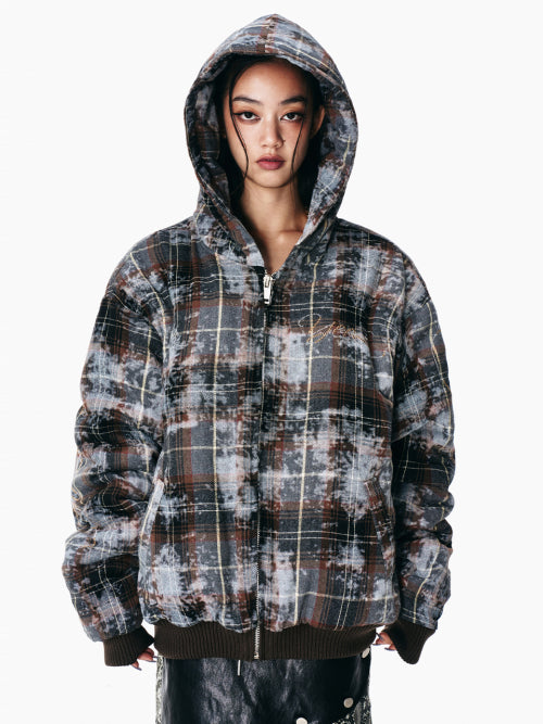 CUBIC TARTAN CHECK HOODIE JUMPER BROWN