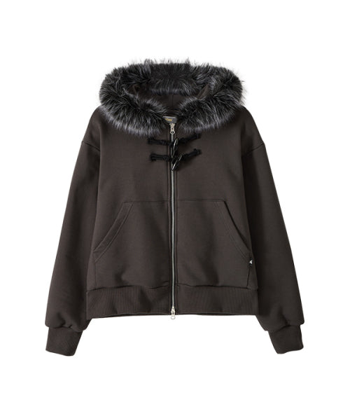 Toggle Button Fur Hood Zip-Up_Charcoal