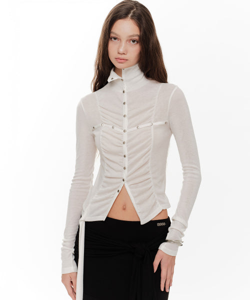LENA SHIRRING HIGH NECK TOP (CREAM)