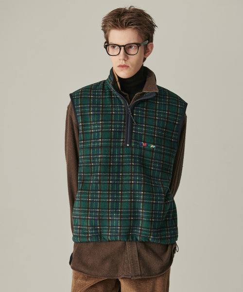 [COLLECTION LINE] RETRO CHECK UNIQUE LOGO HALF ZIP-UP FLEECE GREEN