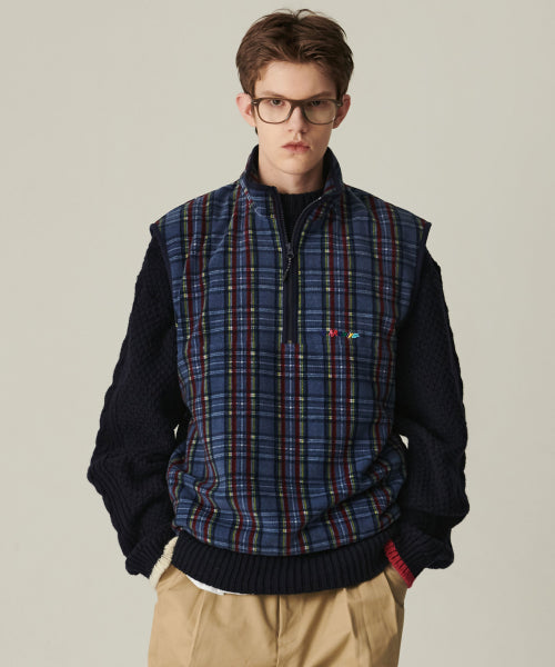 [COLLECTION LINE] RETRO CHECK UNIQUE LOGO HALF ZIP-UP FLEECE NAVY