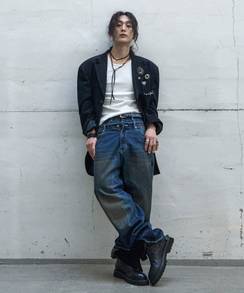 Vintage Washing Double Layer Flared Jeans - MidBlue