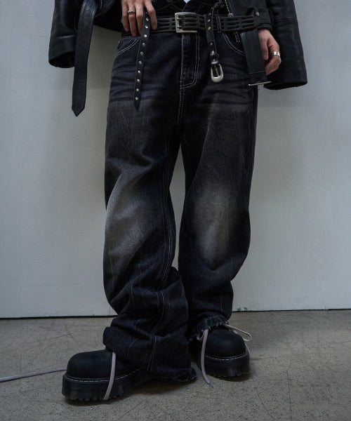 Vintage Washing Double Layer Flared Jeans - BlueBlack