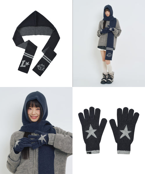 Knitwear Hooded muffler gloves set NAVY