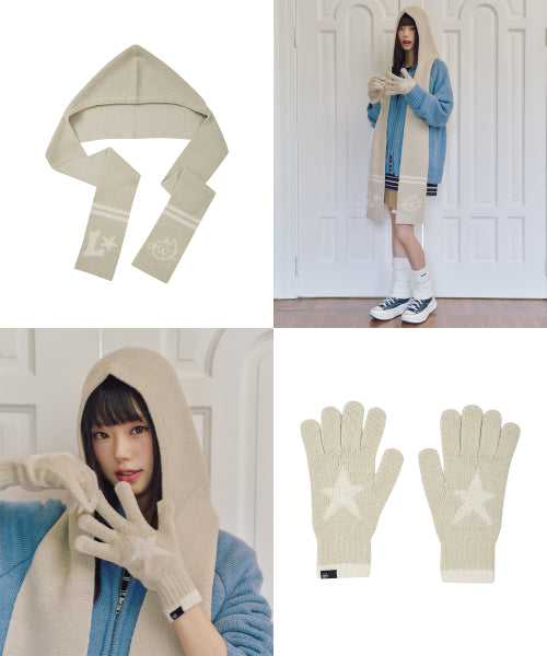 Knitwear Hooded Muffler Gloves Set BEIGE