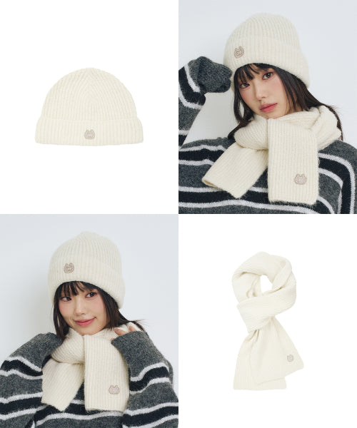 Symbolic Logo Embroidered Knitwear Beanie Muffler Set IVORY