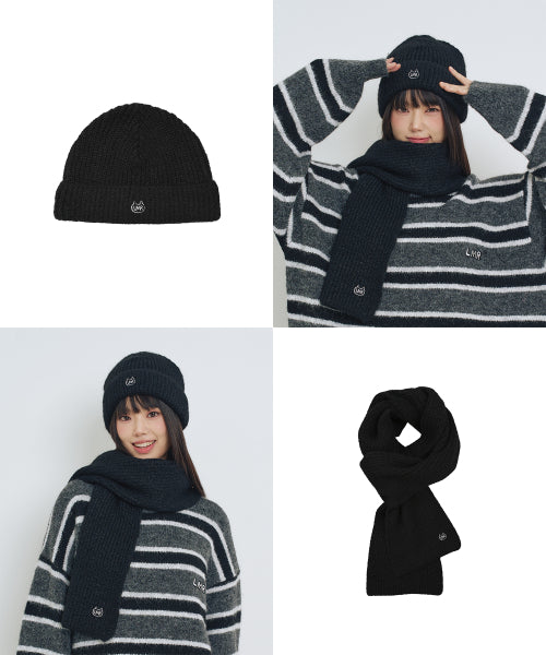 Symbolic logo embroidered knitwear beanie muffler set BLACK
