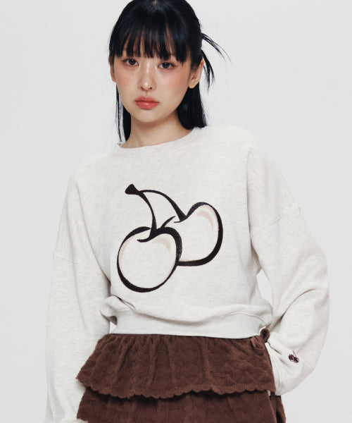 Big Cherry Embroidery Cropped Sweatshirt [Oatmeal]