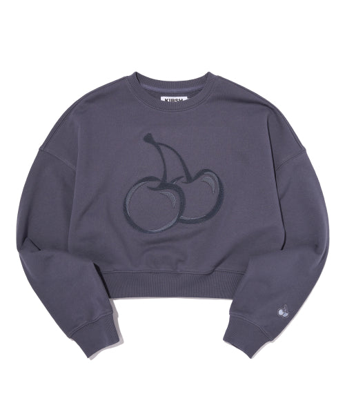 Big Cherry grass embroidery cropped sweatshirt [Navy]
