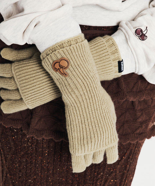 Cherry Knit Gloves & Warmer Set [Light Khaki]