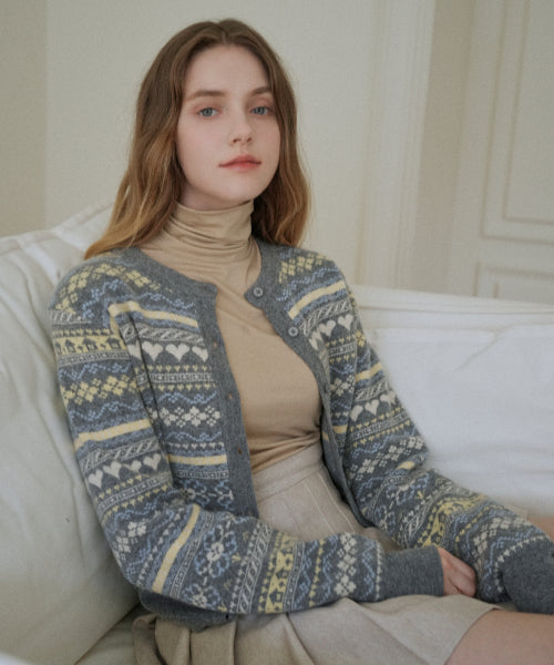 Wool Scheme Jacquard Knit Cardigan (Gray)
