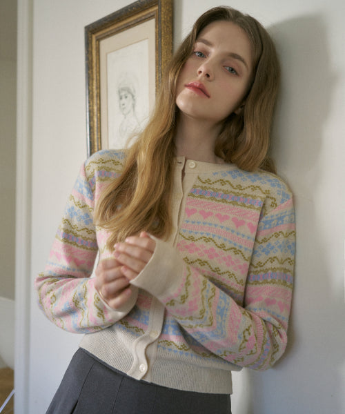 Wool Scheme Jacquard Knit Cardigan (Cream)