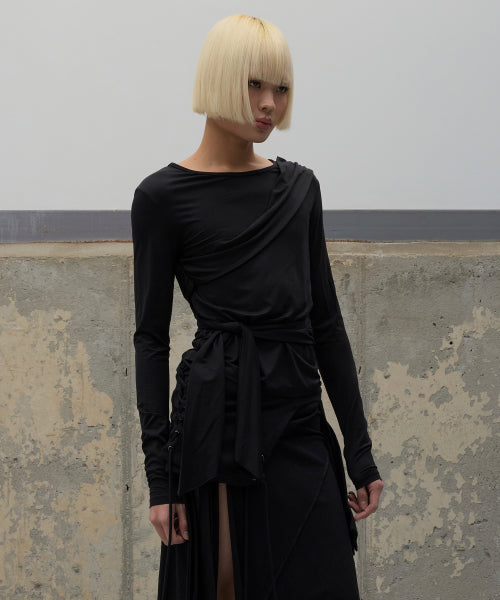 Strap Shirring Wrap Top - Black