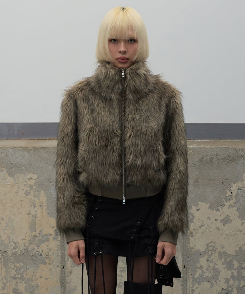 High Neck Fur Jacket - Brown