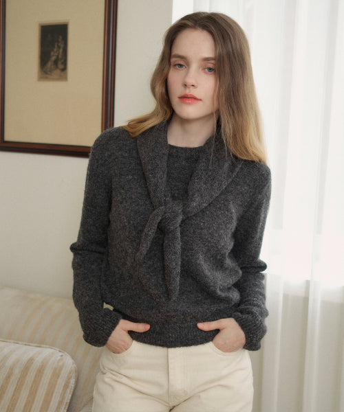 Wool Round Neck knit Muffler Set (Charcoal)